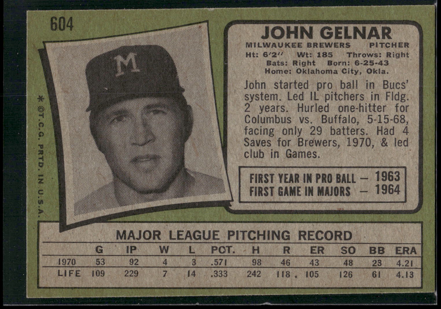 1971 Topps #604 John Gelnar