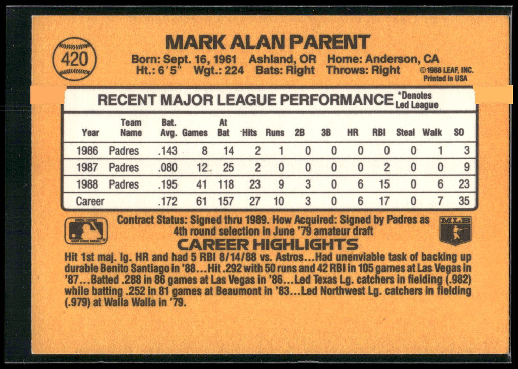 1989 Donruss #420 Mark Parent
