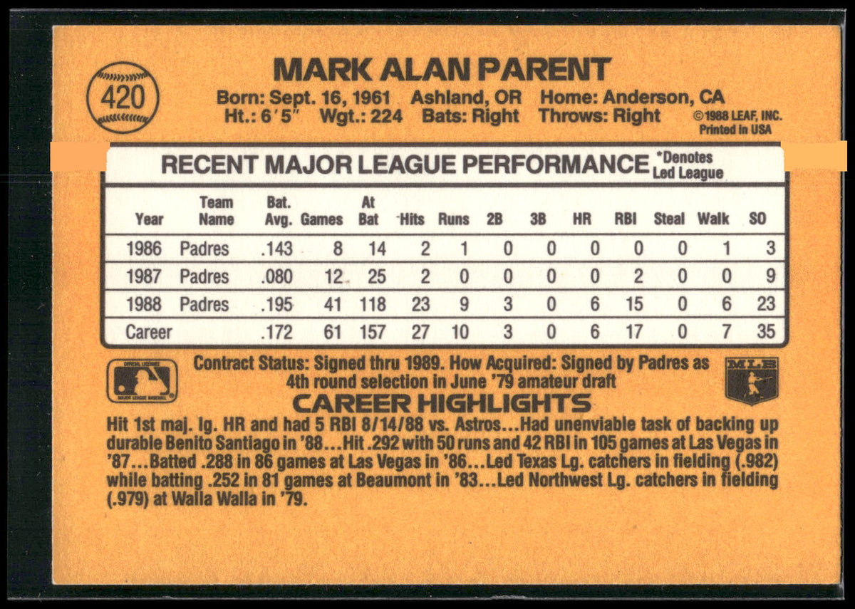 1989 Donruss #420 Mark Parent