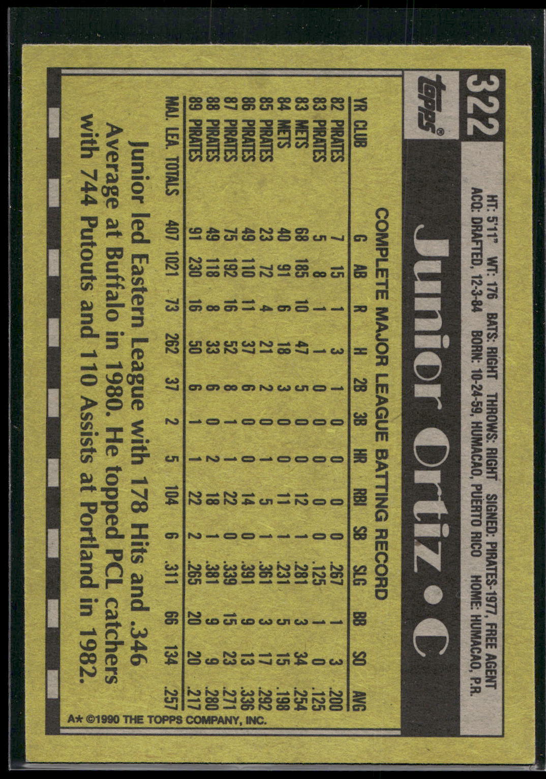 1990 Topps #322 Junior Ortiz