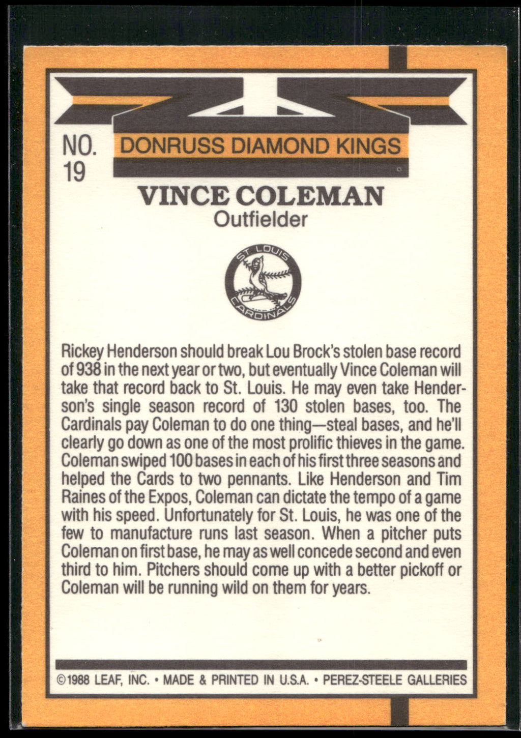 1989 Donruss #19 Vince Coleman