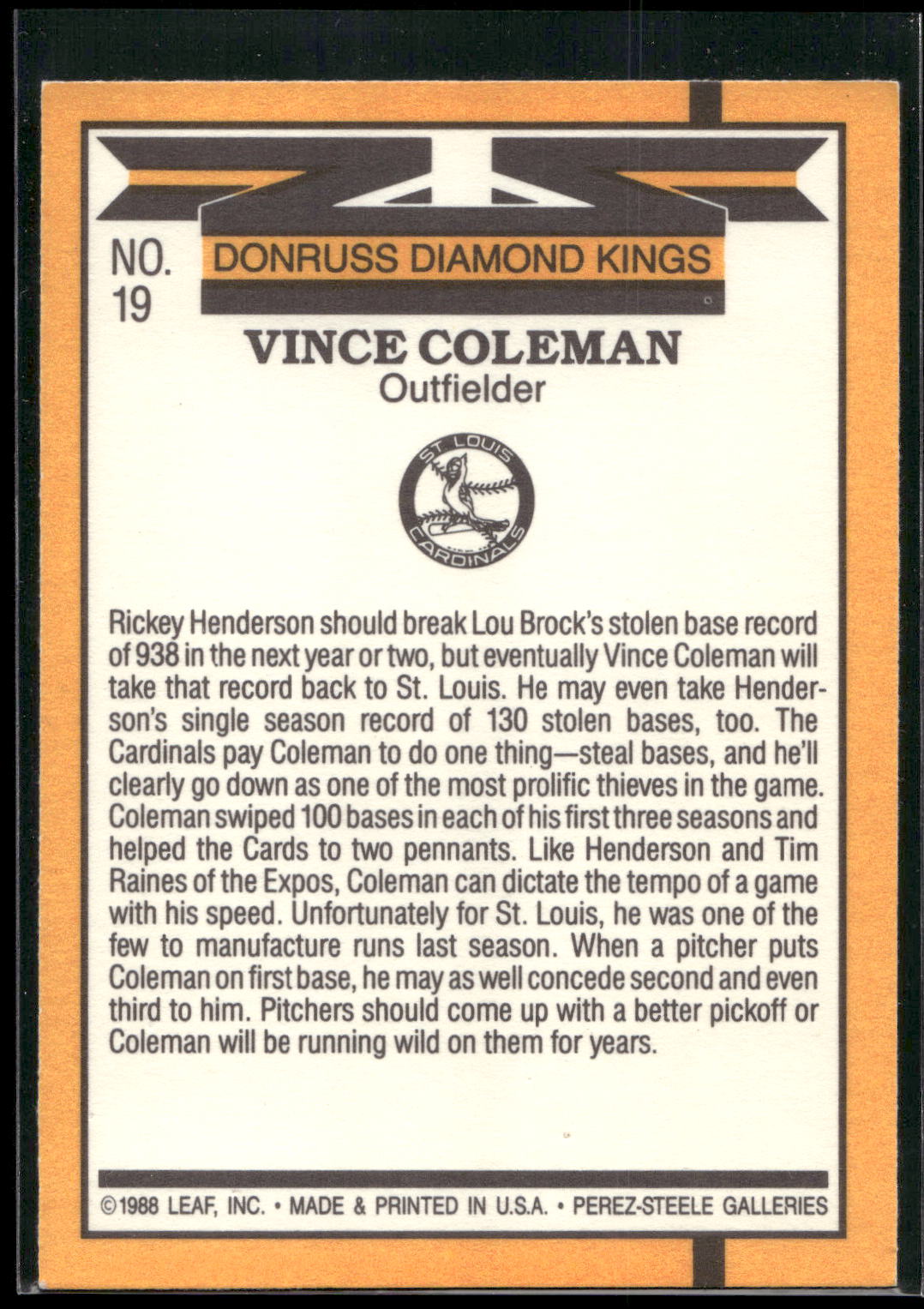 1989 Donruss #19 Vince Coleman