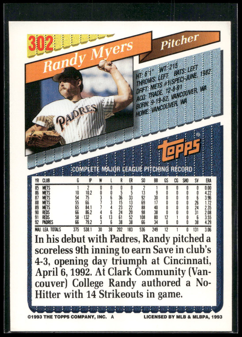 1993 Topps #302 Randy Myers