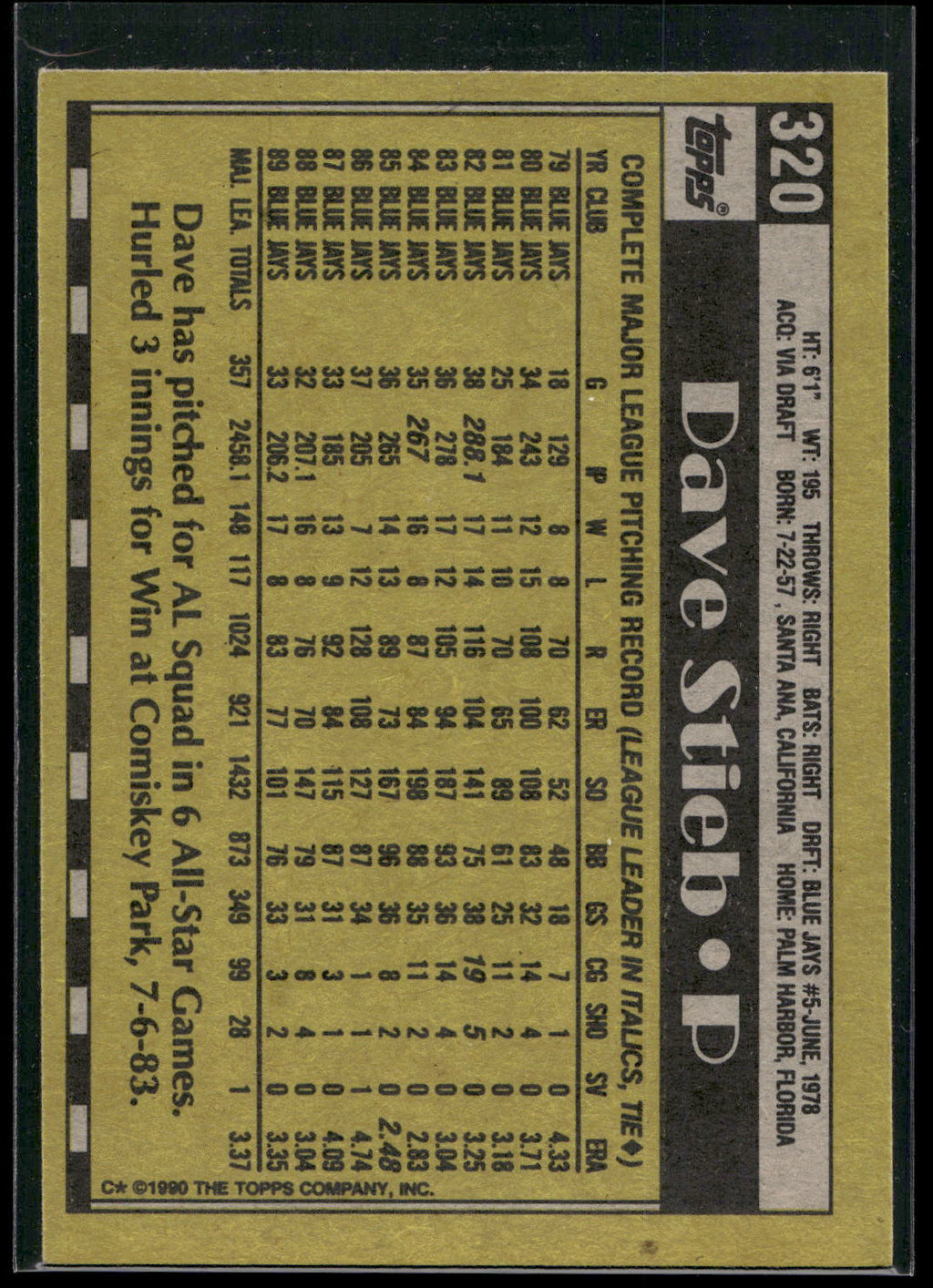 1990 Topps #320 Dave Stieb