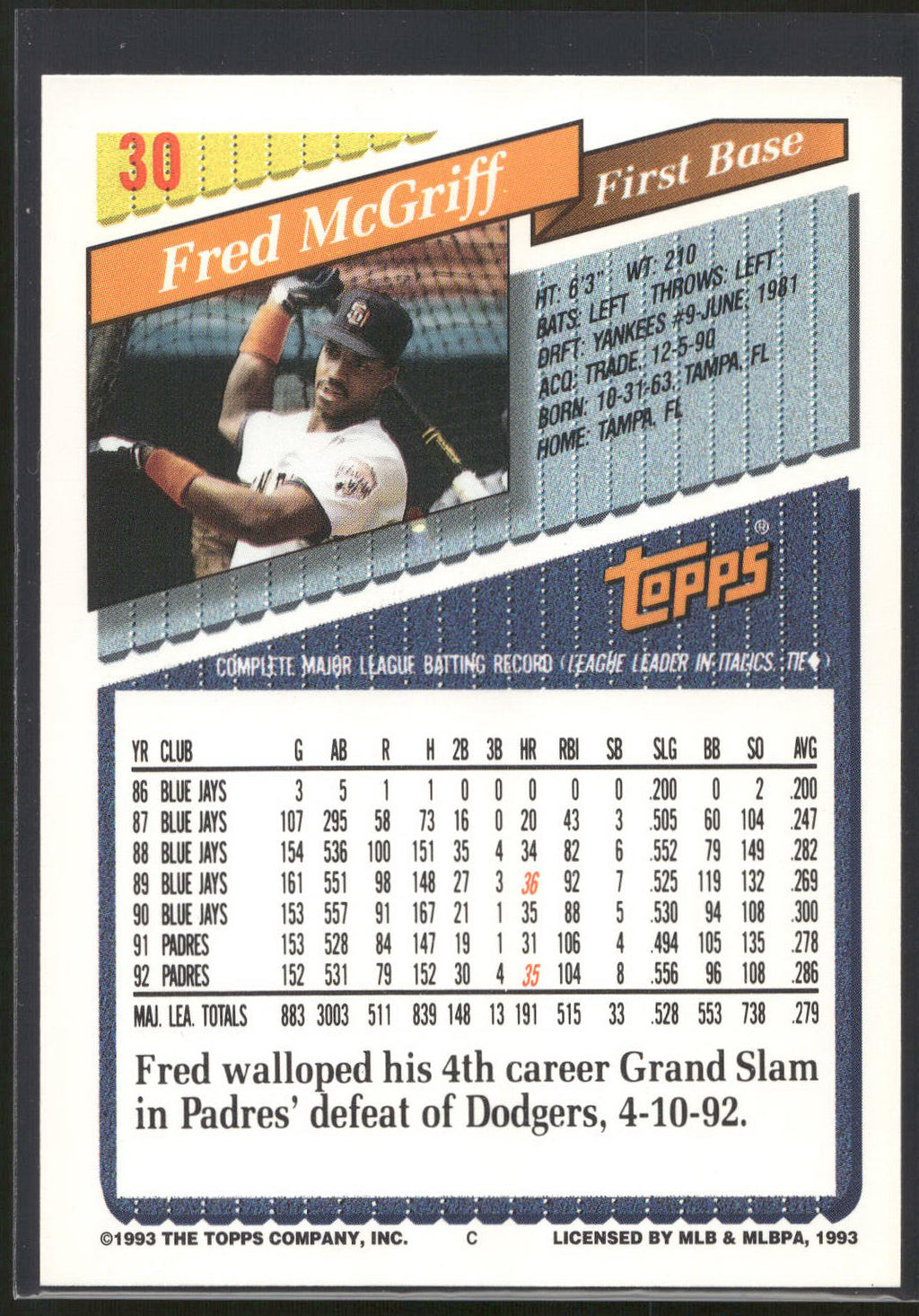 1993 Topps #30 Fred McGriff