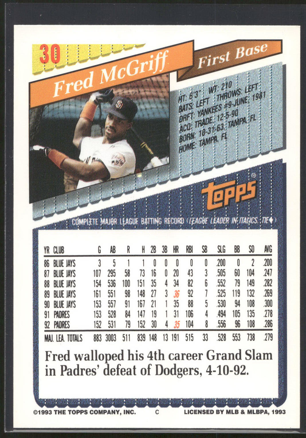 1993 Topps #30 Fred McGriff