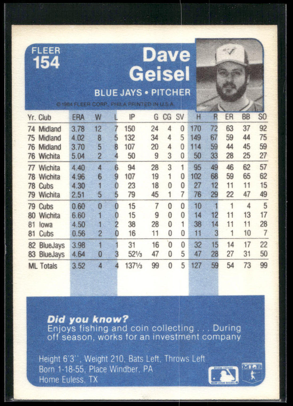 1984 Fleer #154 Dave Geisel