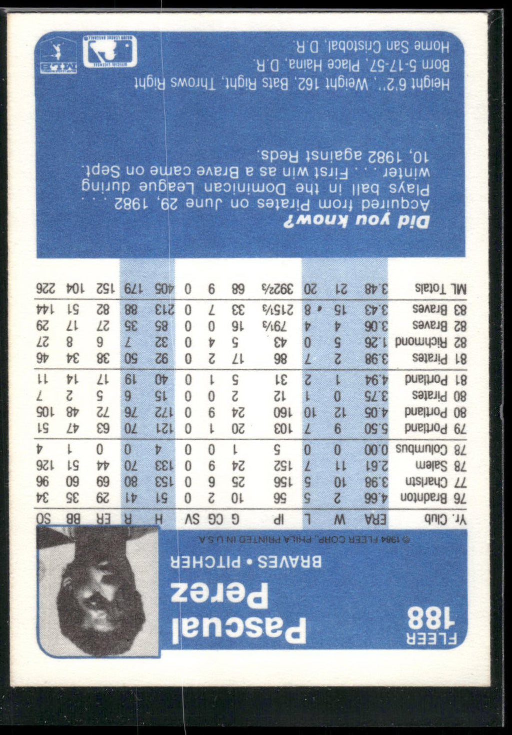 1984 Fleer #188 Pascual Perez