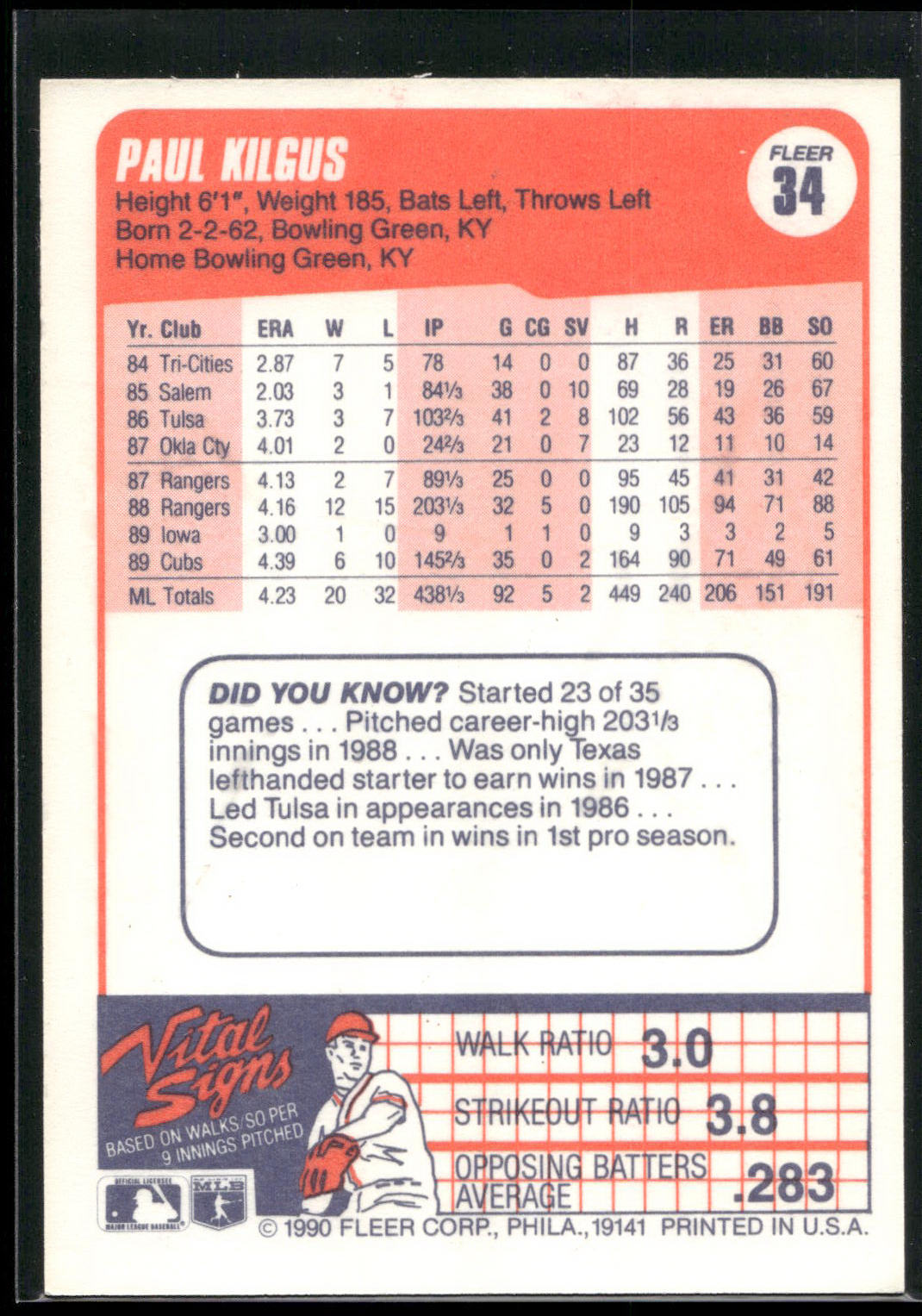 1990 Fleer #34 Paul Kilgus
