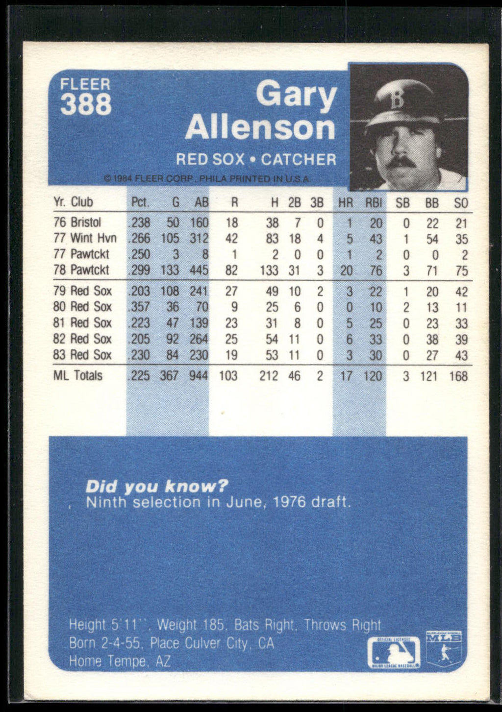 1984 Fleer #388 Gary Allenson