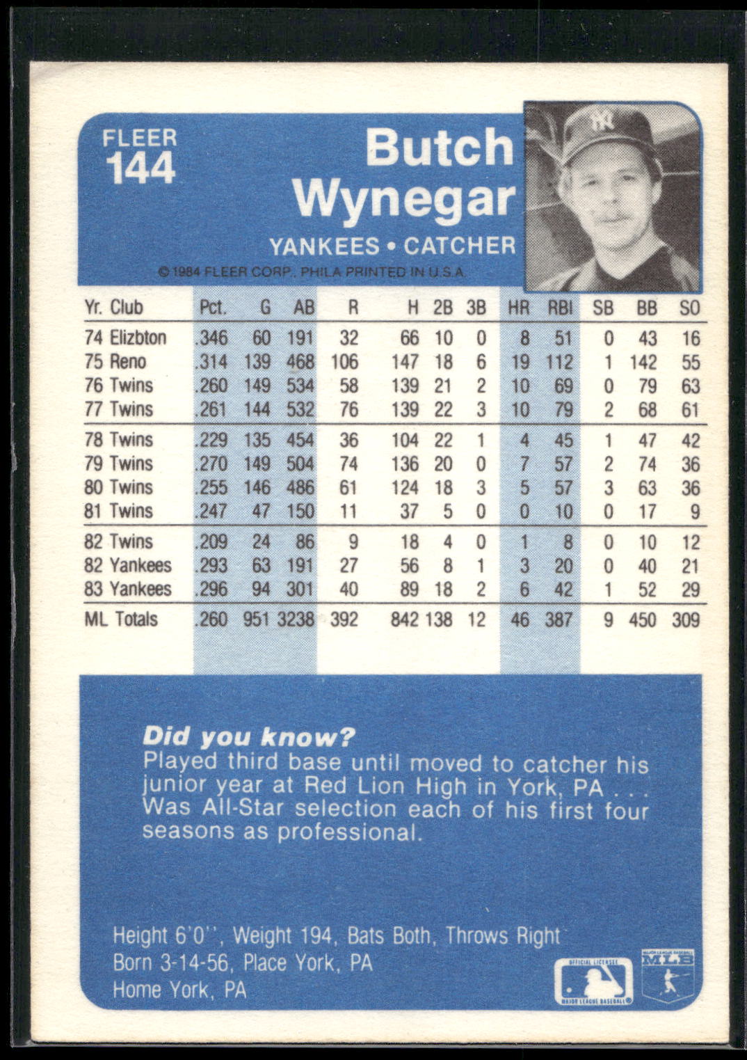 1984 Fleer #144 Butch Wynegar