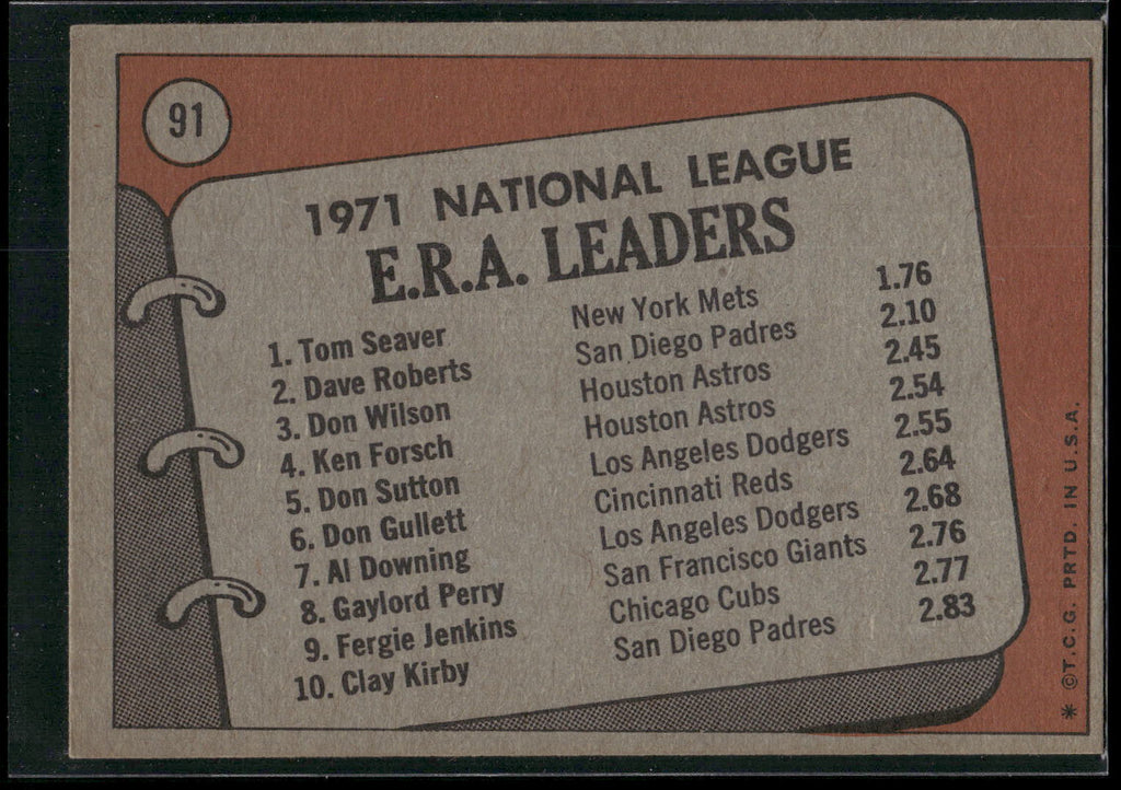 1972 Topps #91 1971 N.L. E.R.A. Leaders (Tom Seaver / Dave Roberts / Don Wilson)