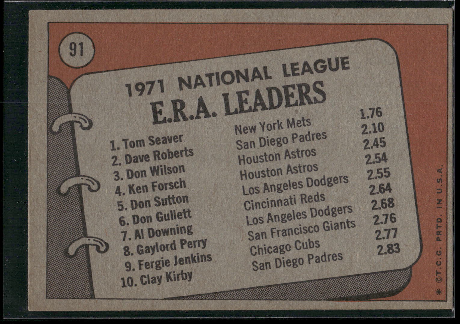 1972 Topps #91 1971 N.L. E.R.A. Leaders (Tom Seaver / Dave Roberts / Don Wilson)