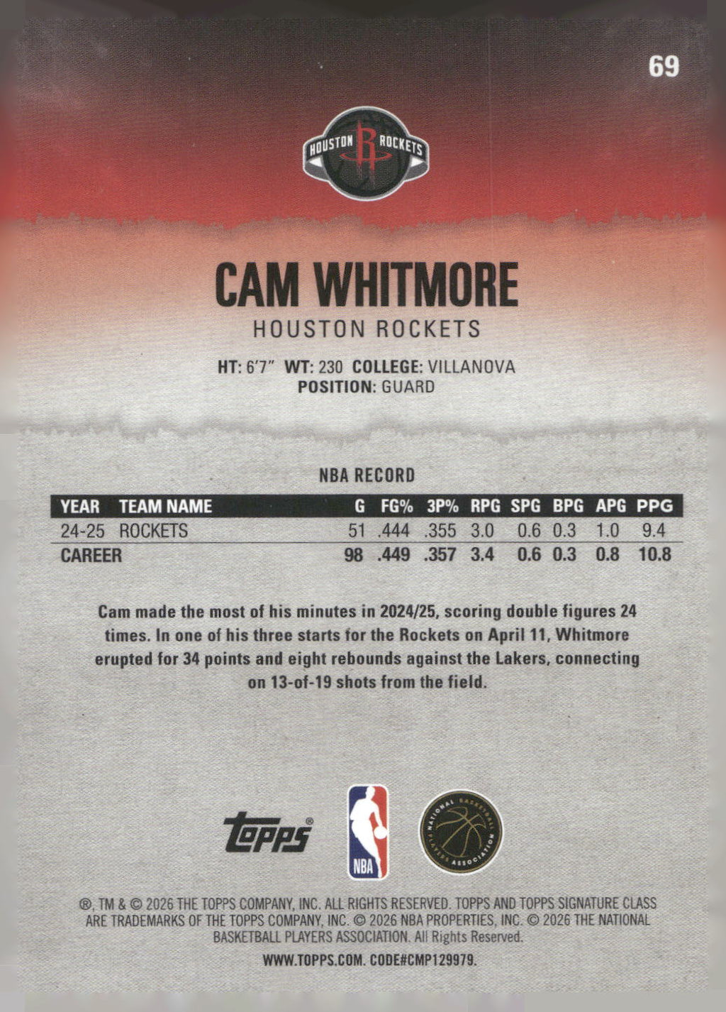 2025-26 Topps Signature Class #69 Cam Whitmore