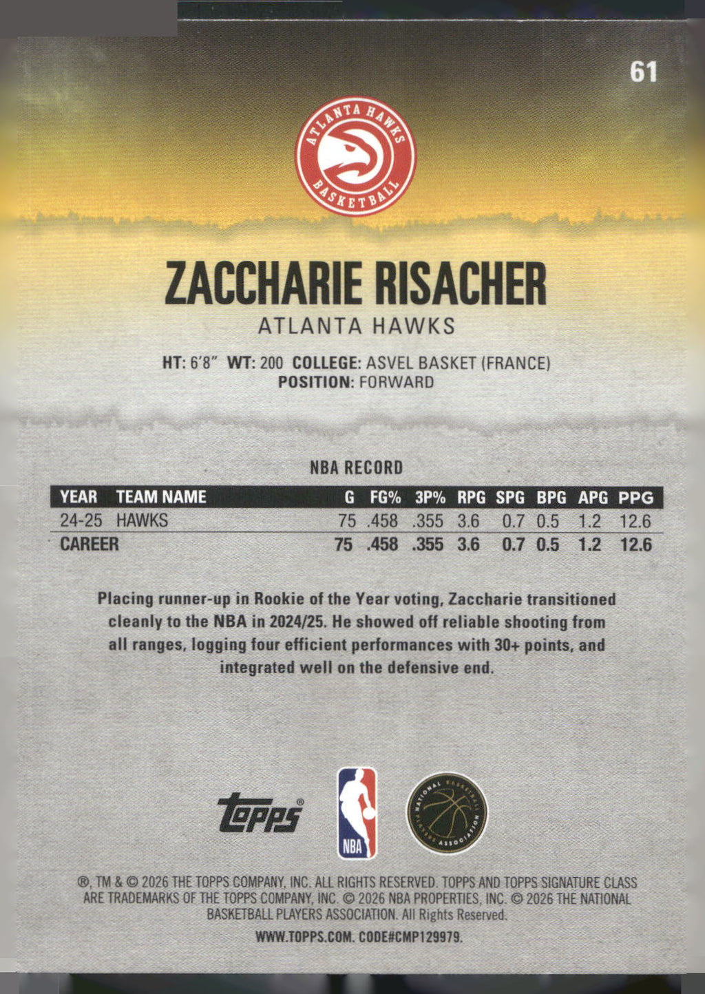 2025-26 Topps Signature Class #61 Zaccharie Risacher