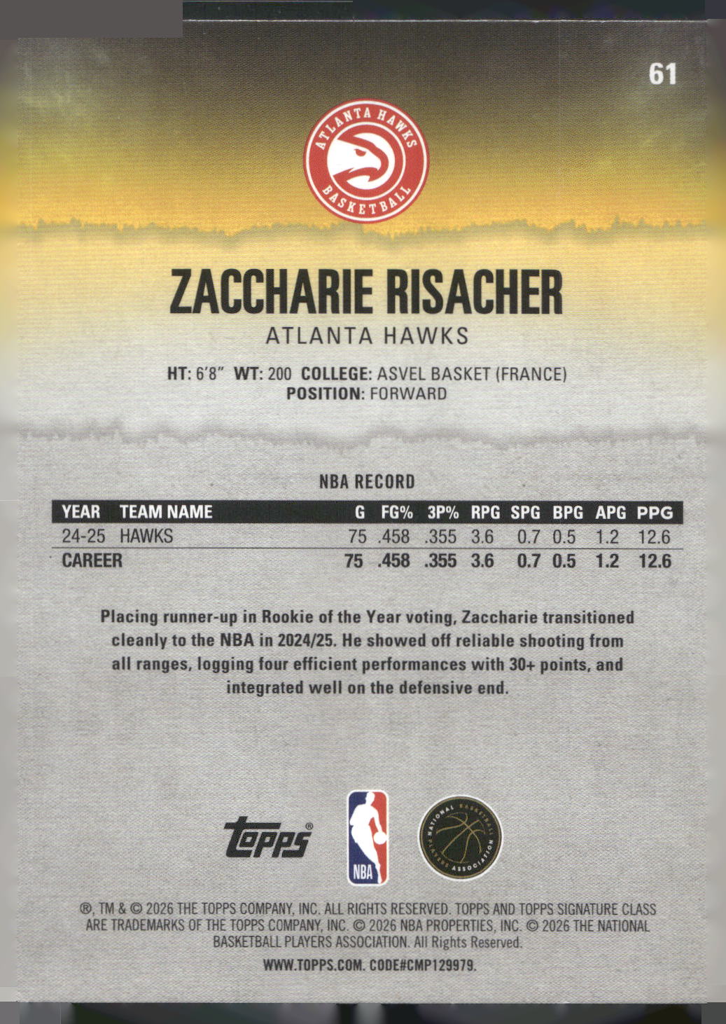 2025-26 Topps Signature Class #61 Zaccharie Risacher