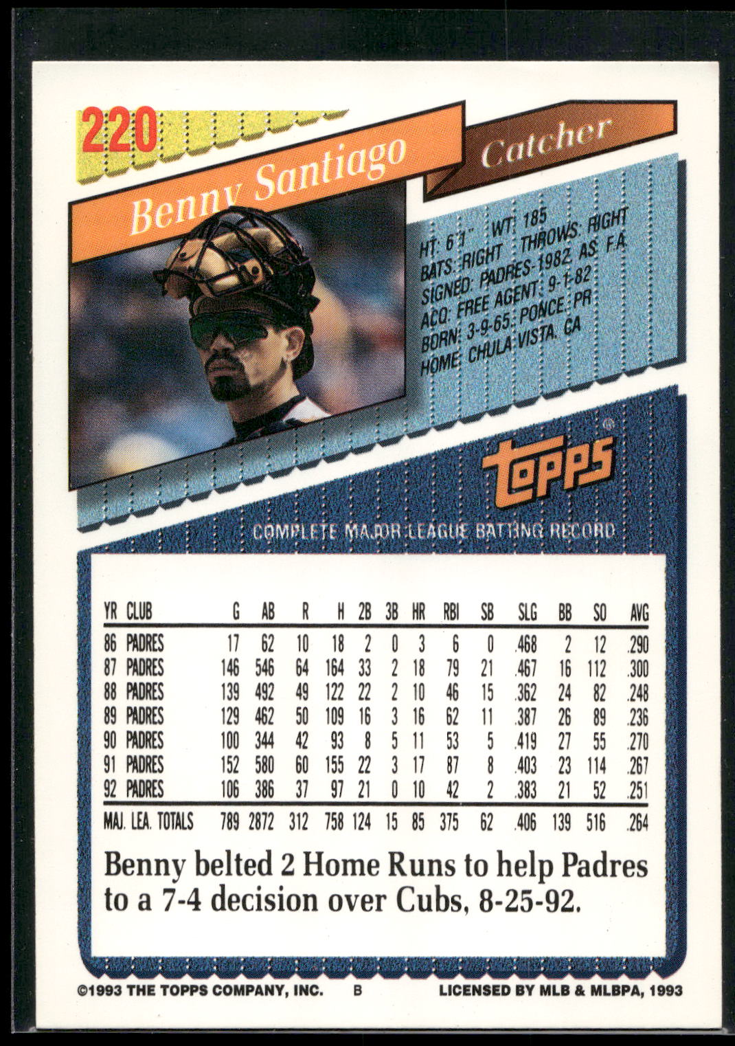 1993 Topps #220 Benny Santiago