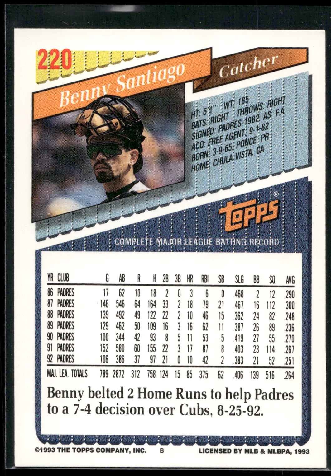1993 Topps #220 Benny Santiago