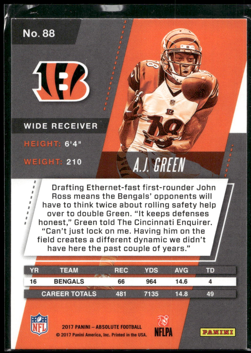 2017 Panini Absolute #88 A.J. Green
