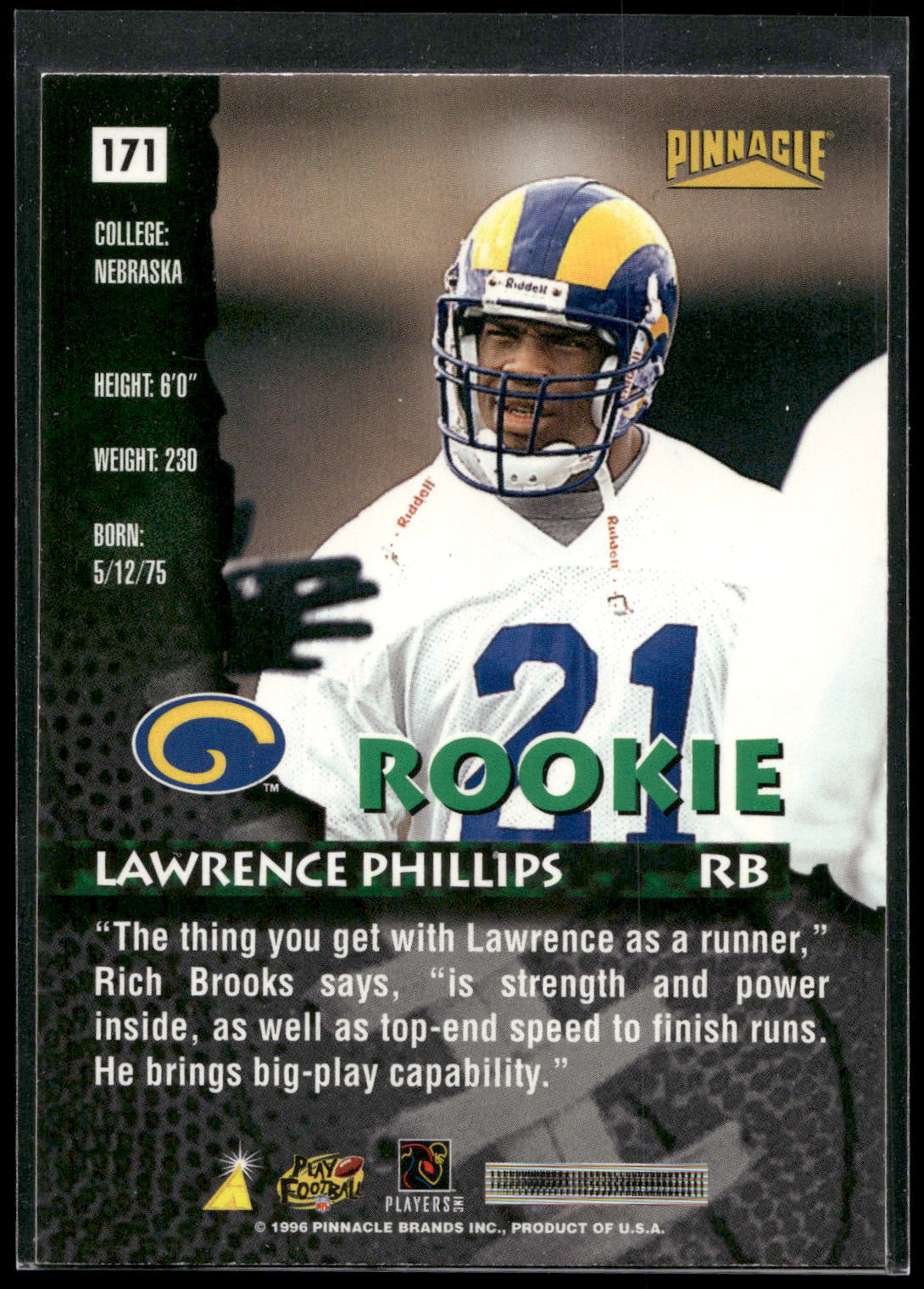 1996 Pinnacle #171 Lawrence Phillips