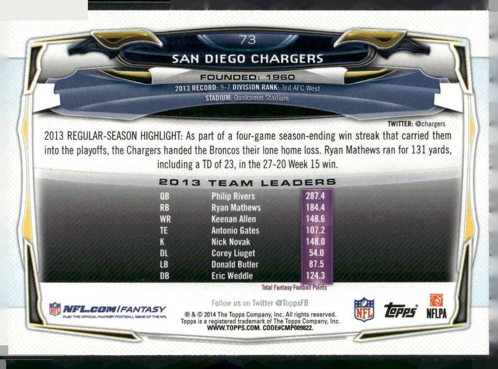 2014 Topps #73 San Diego Chargers