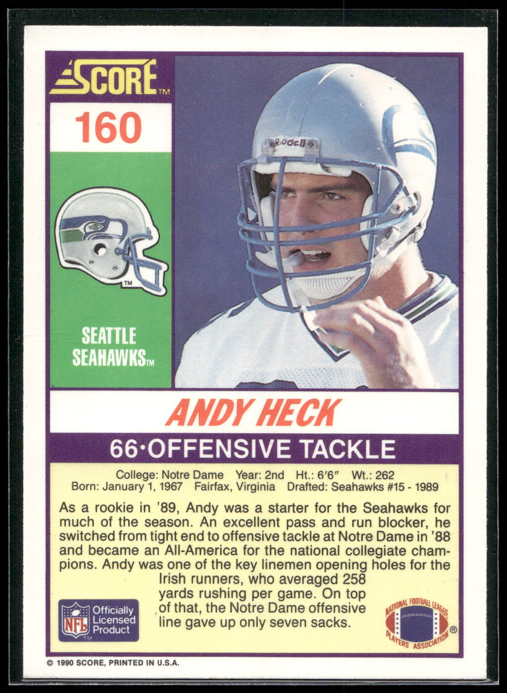 1990 Score #160 Andy Heck