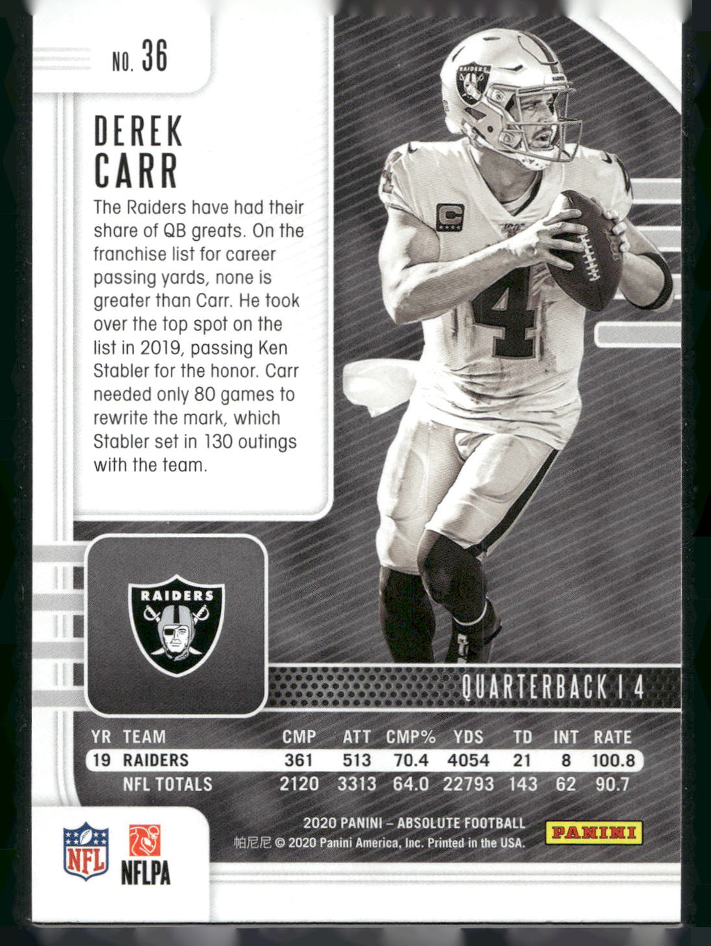 2020 Panini Absolute #36 Derek Carr Green