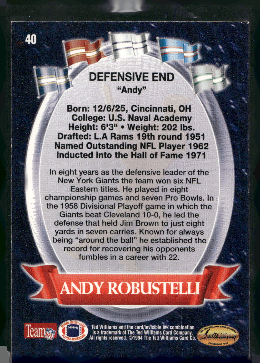 1994 Ted Williams Roger Staubach's NFL #40 Andy Robustelli