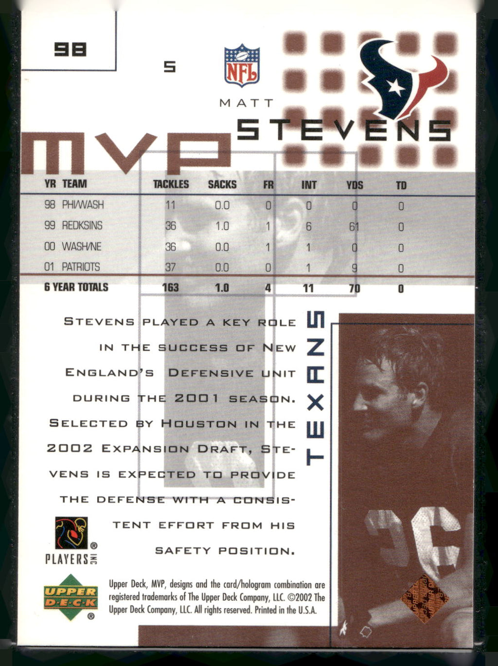 2002 Upper Deck MVP #98 Matt Stevens