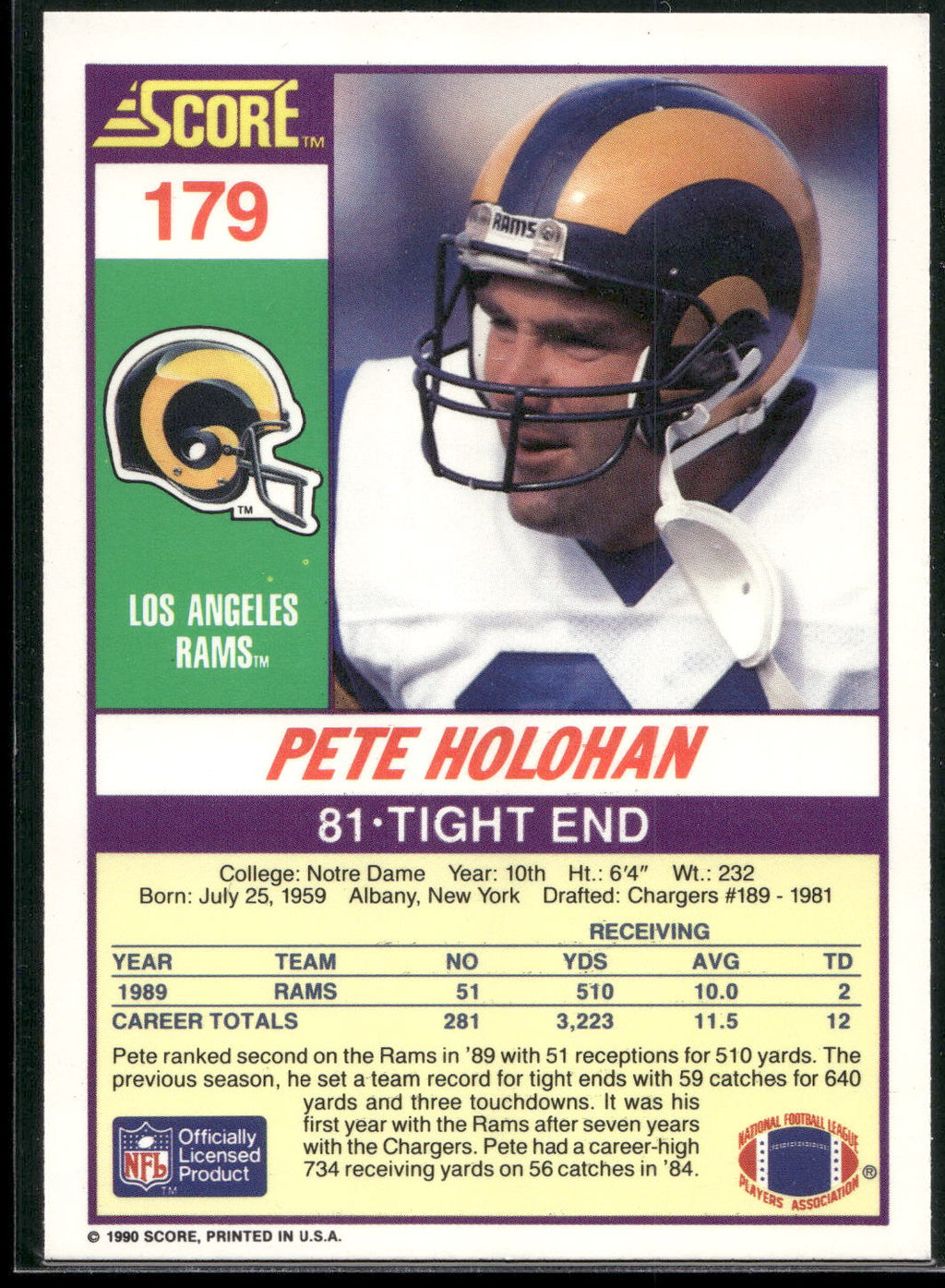 1990 Score #179 Pete Holohan
