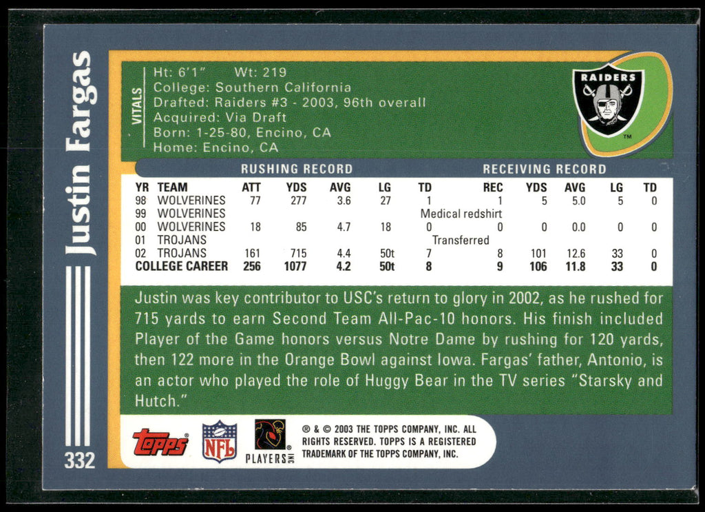 2003 Topps #332 Justin Fargas