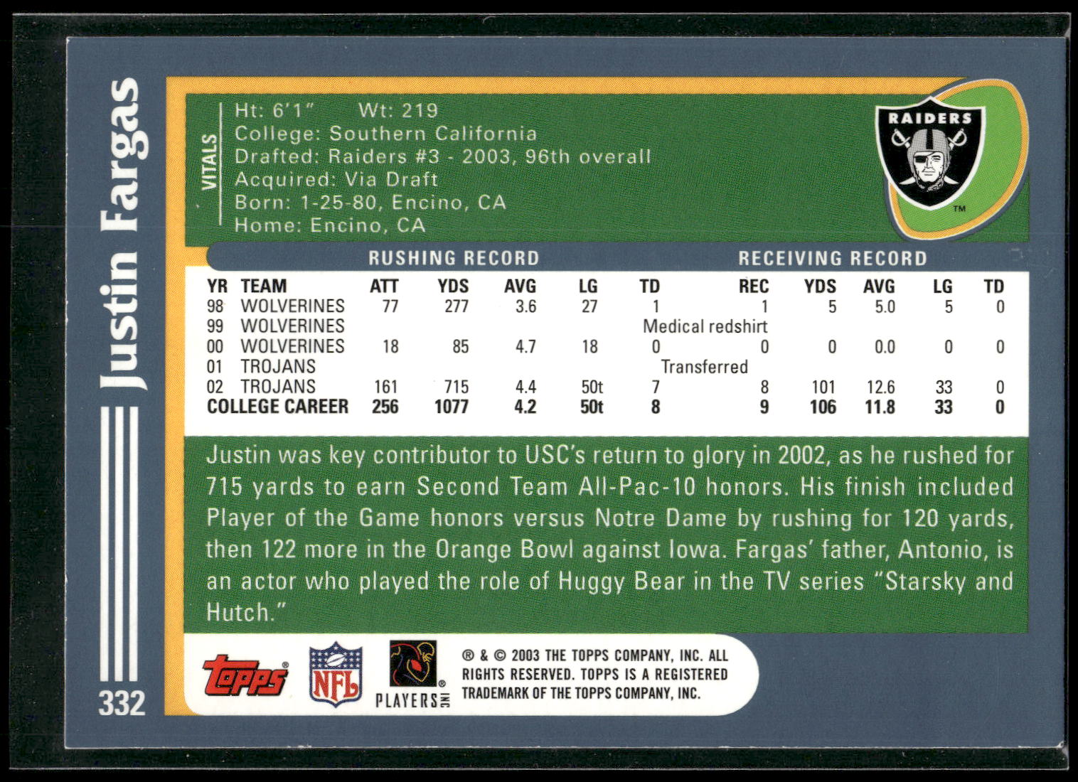2003 Topps #332 Justin Fargas
