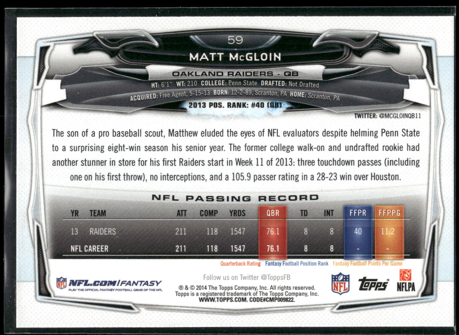 2014 Topps #59 Matt McGloin