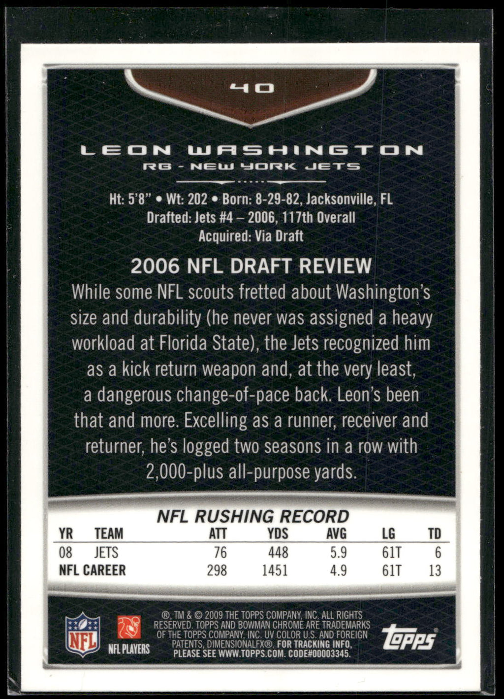 2009 Bowman Chrome #40 Leon Washington