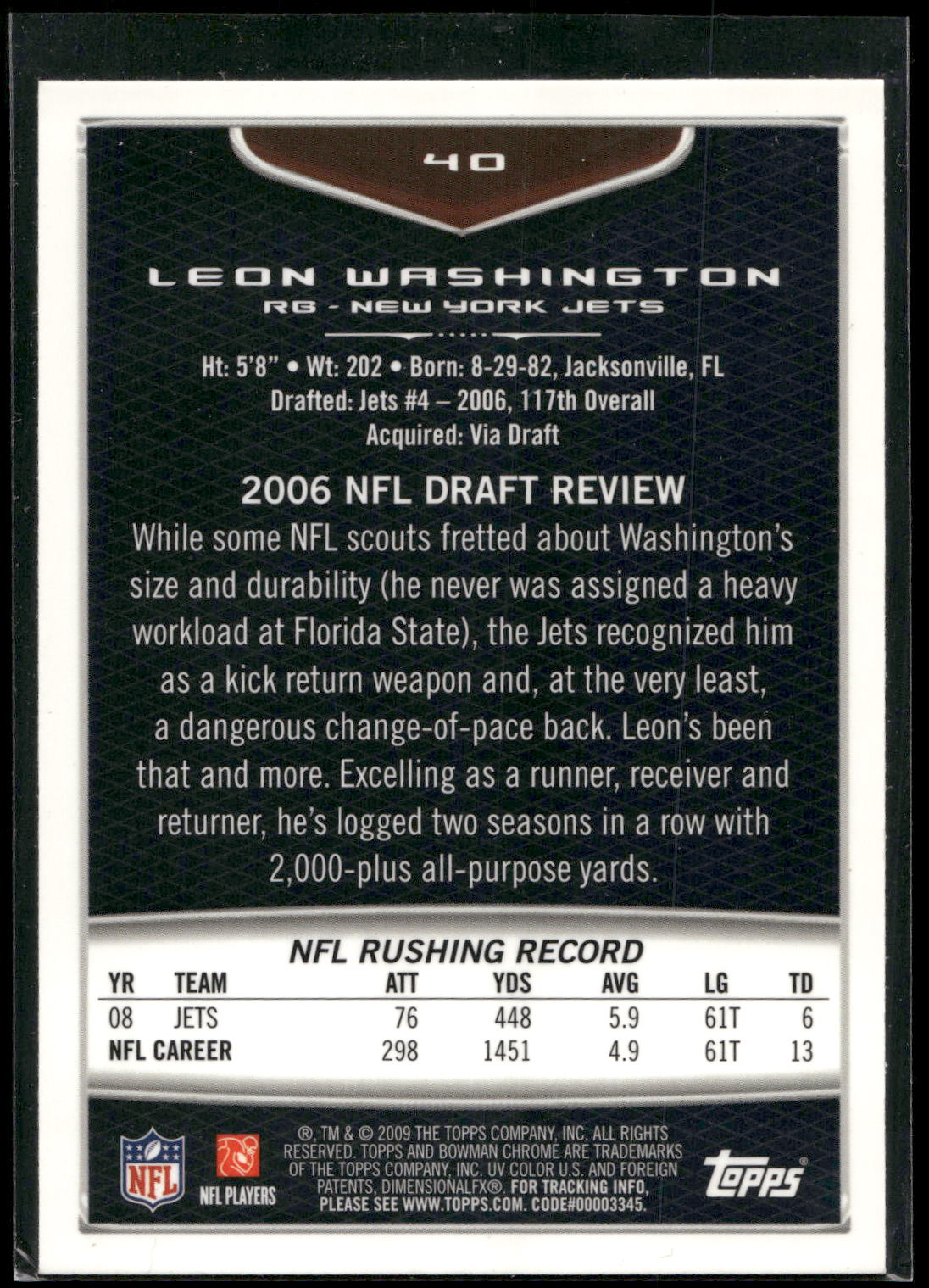 2009 Bowman Chrome #40 Leon Washington