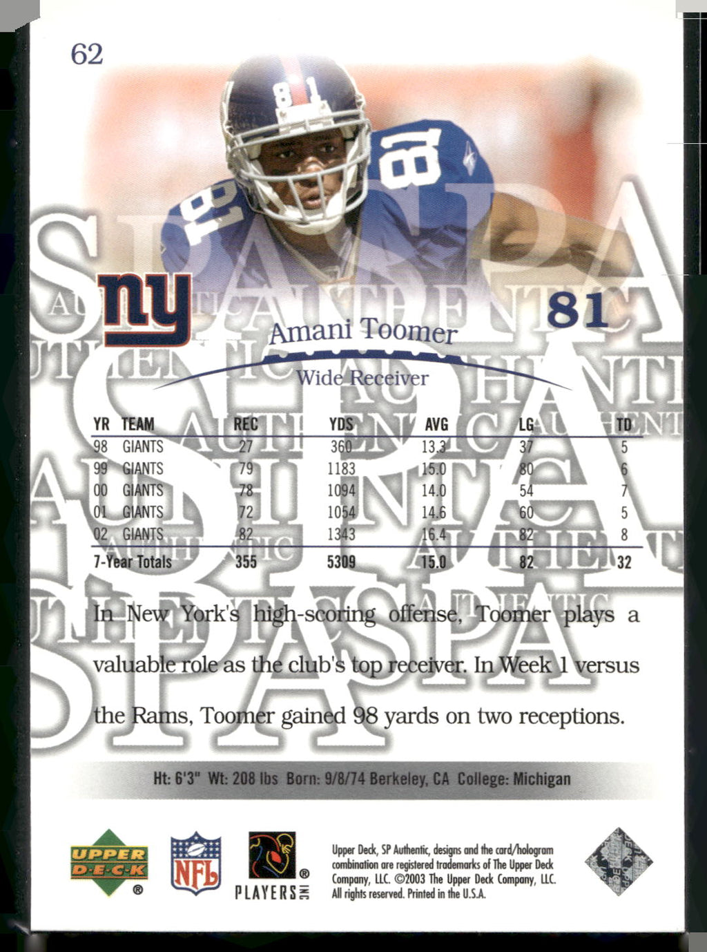 2003 SP Authentic #62 Amani Toomer
