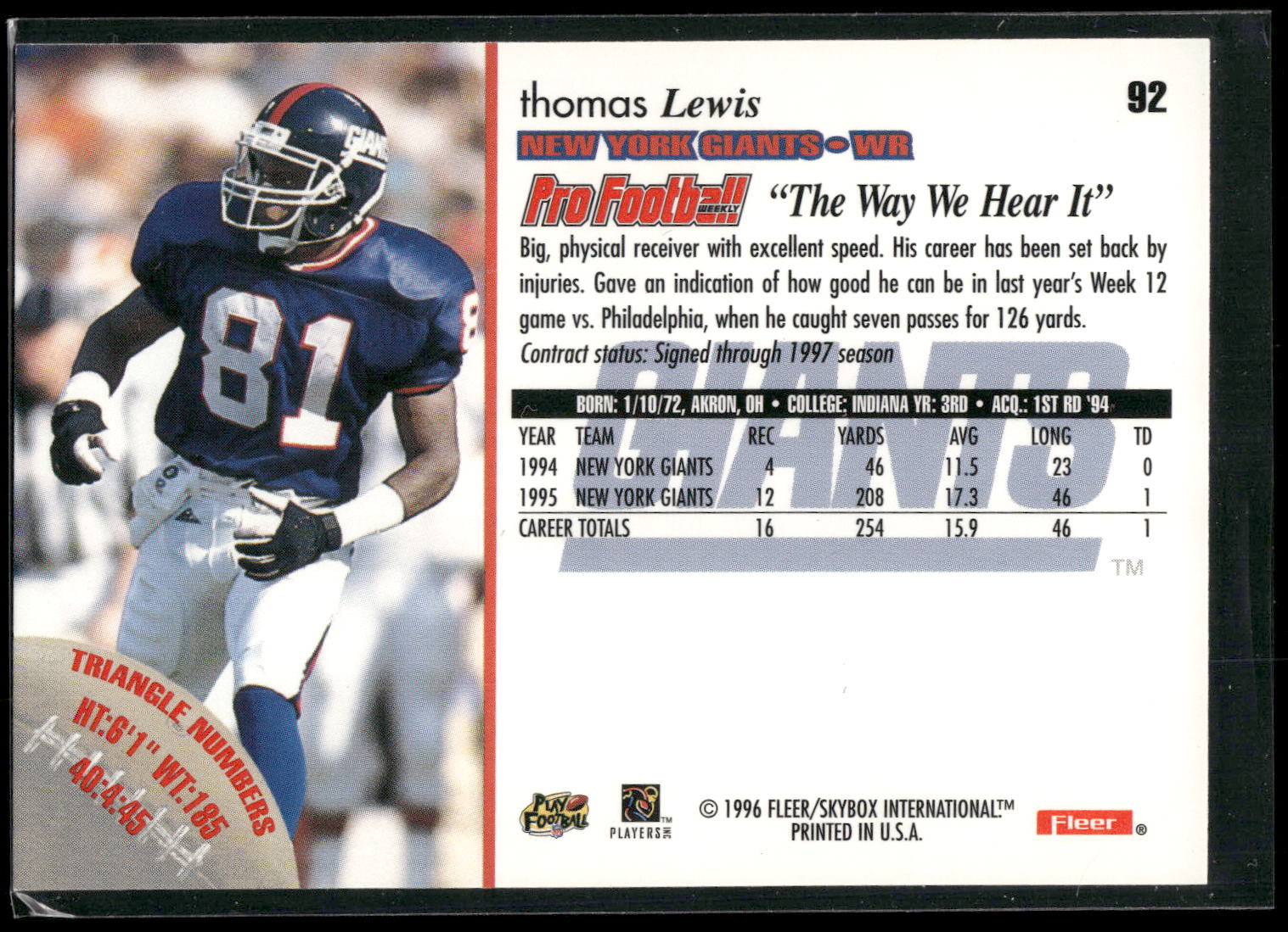 1996 Fleer #92 Thomas Lewis