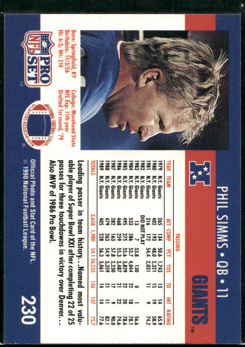 1990 Pro Set #230 Phil Simms