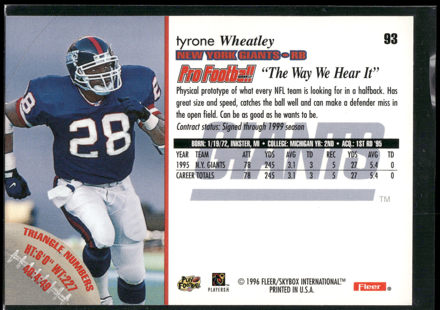 1996 Fleer #93 Tyrone Wheatley