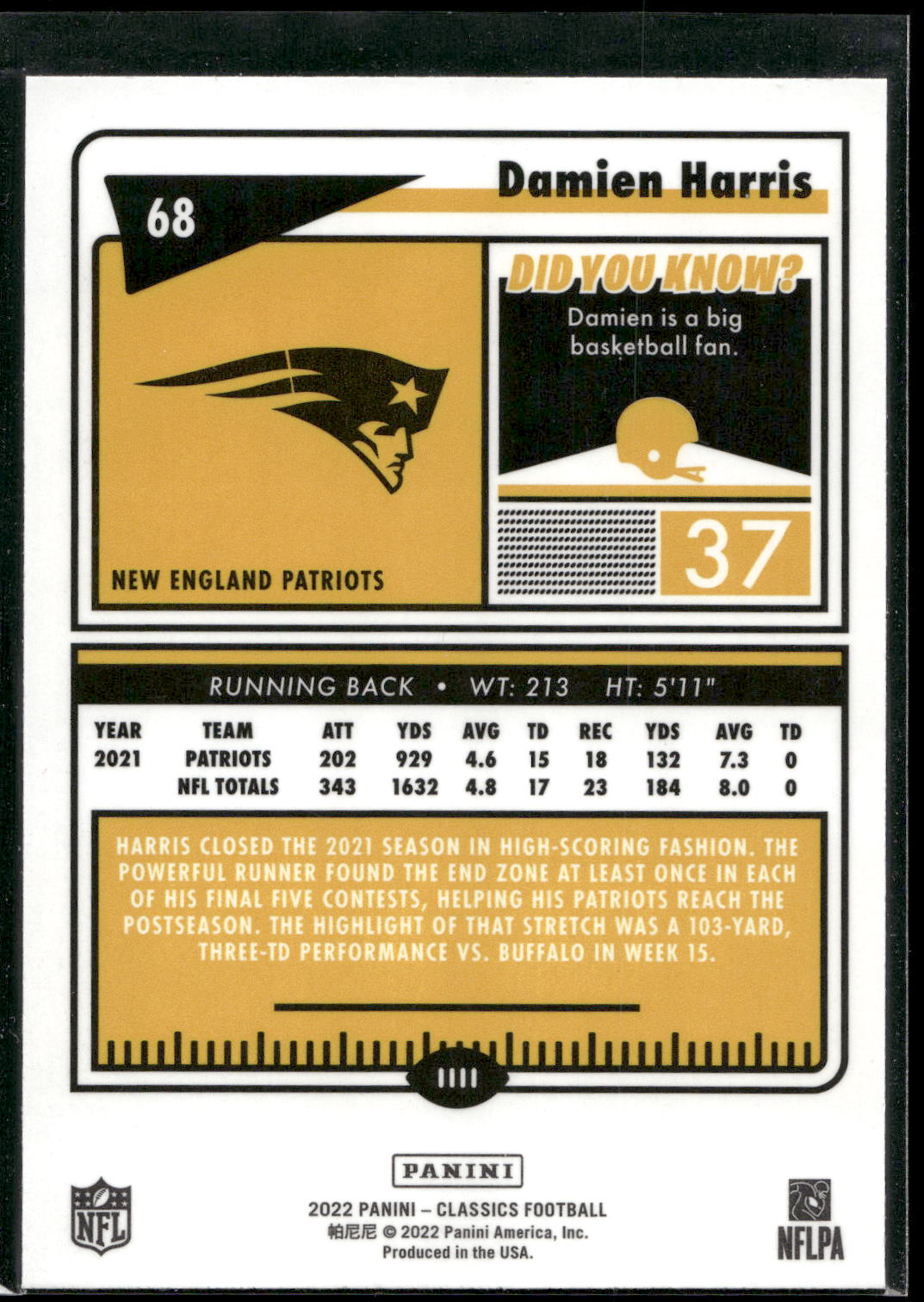 2022 Panini Classics #68 Damien Harris Premium Edition