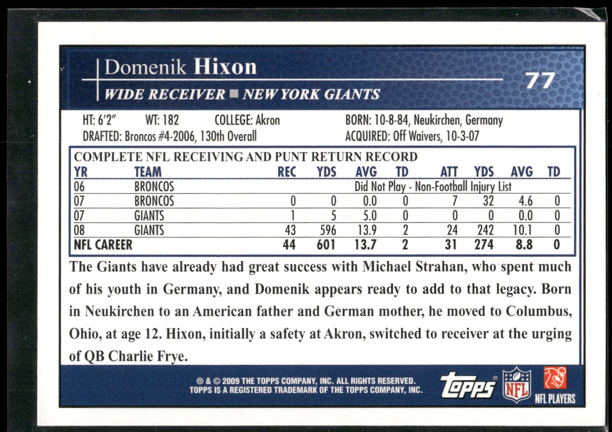 2009 Topps #77 Domenik Hixon