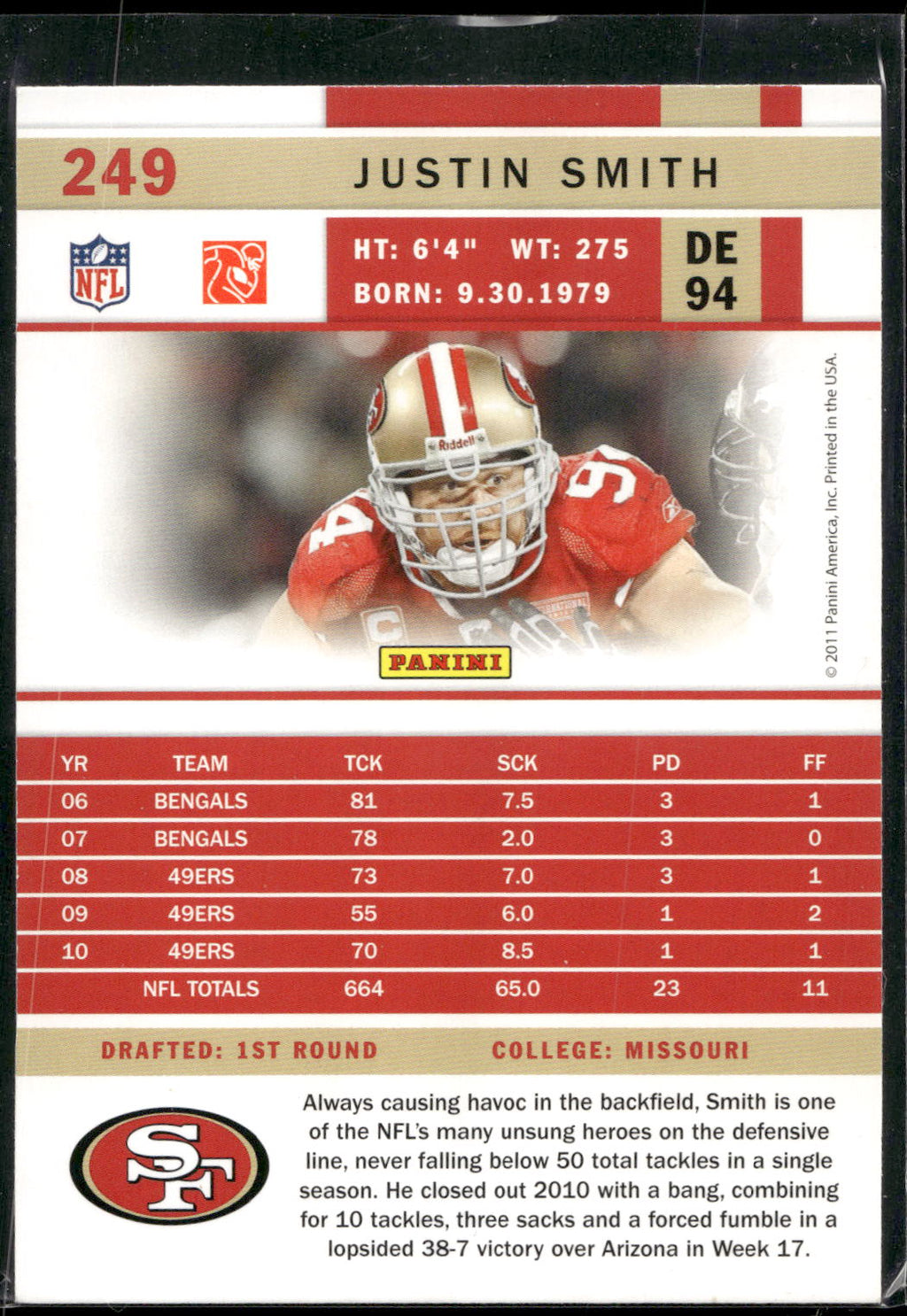 2011 Score #249 Justin Smith Red Zone