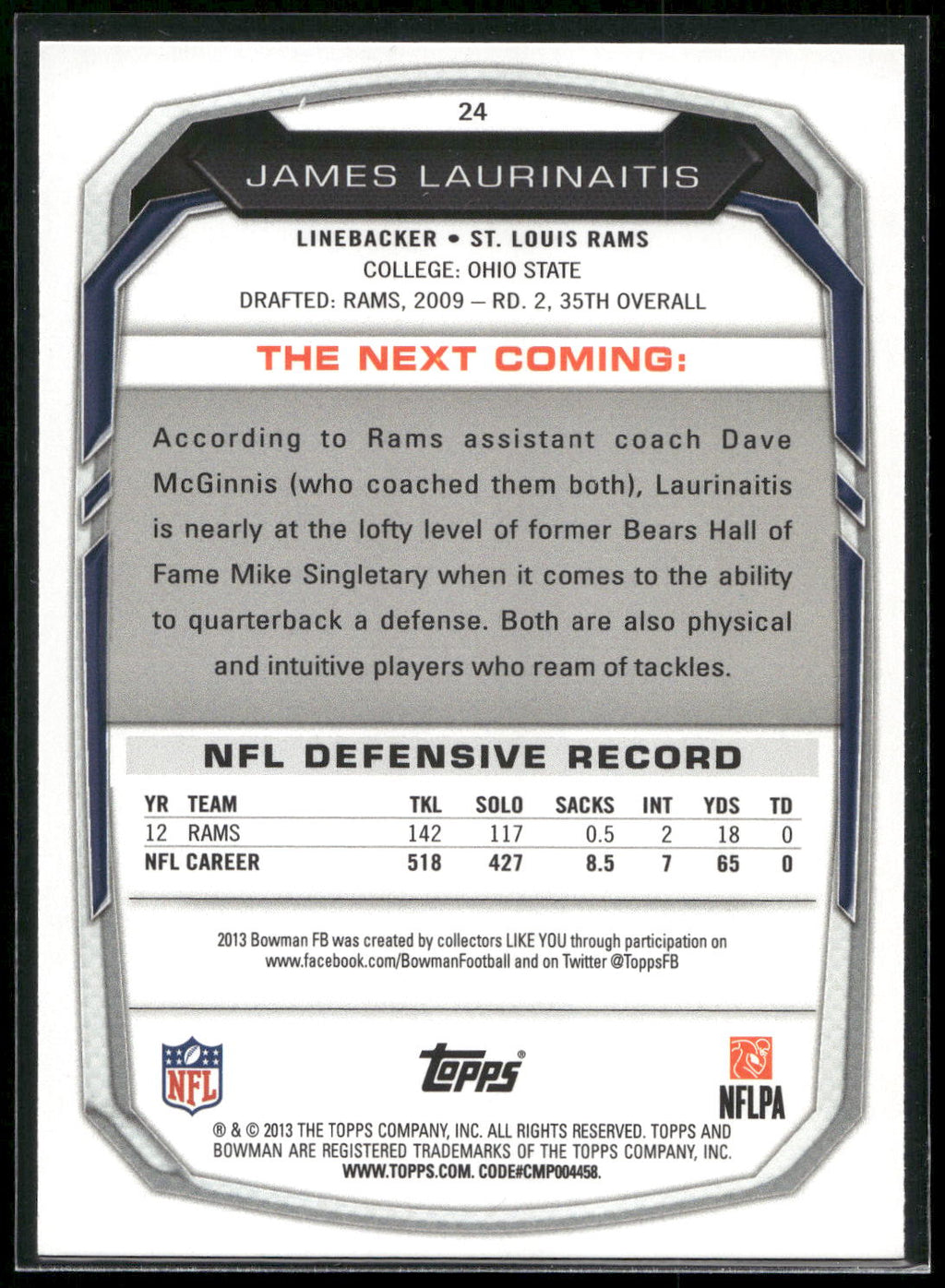 2013 Bowman #24 James Laurinaitis