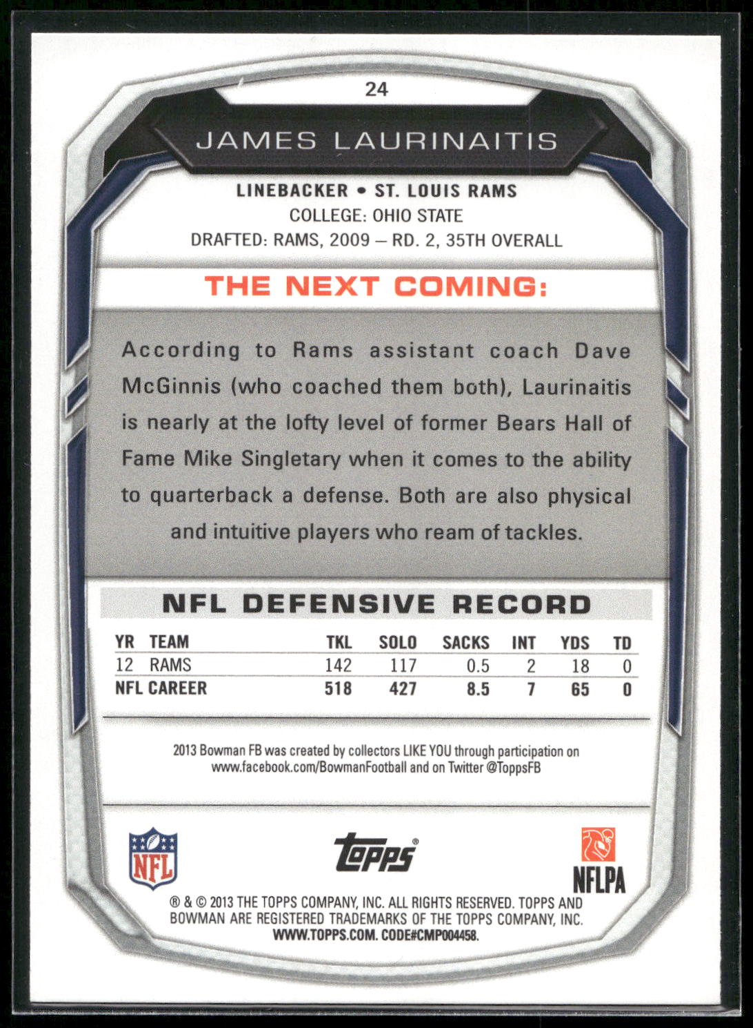 2013 Bowman #24 James Laurinaitis
