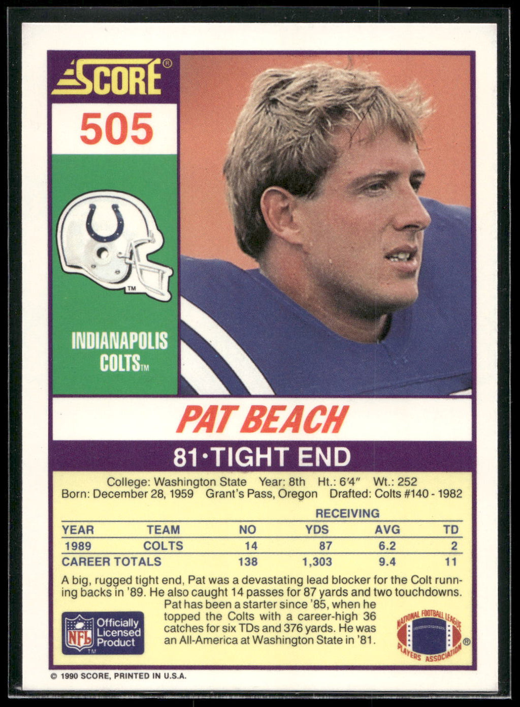 1990 Score #505 Pat Beach
