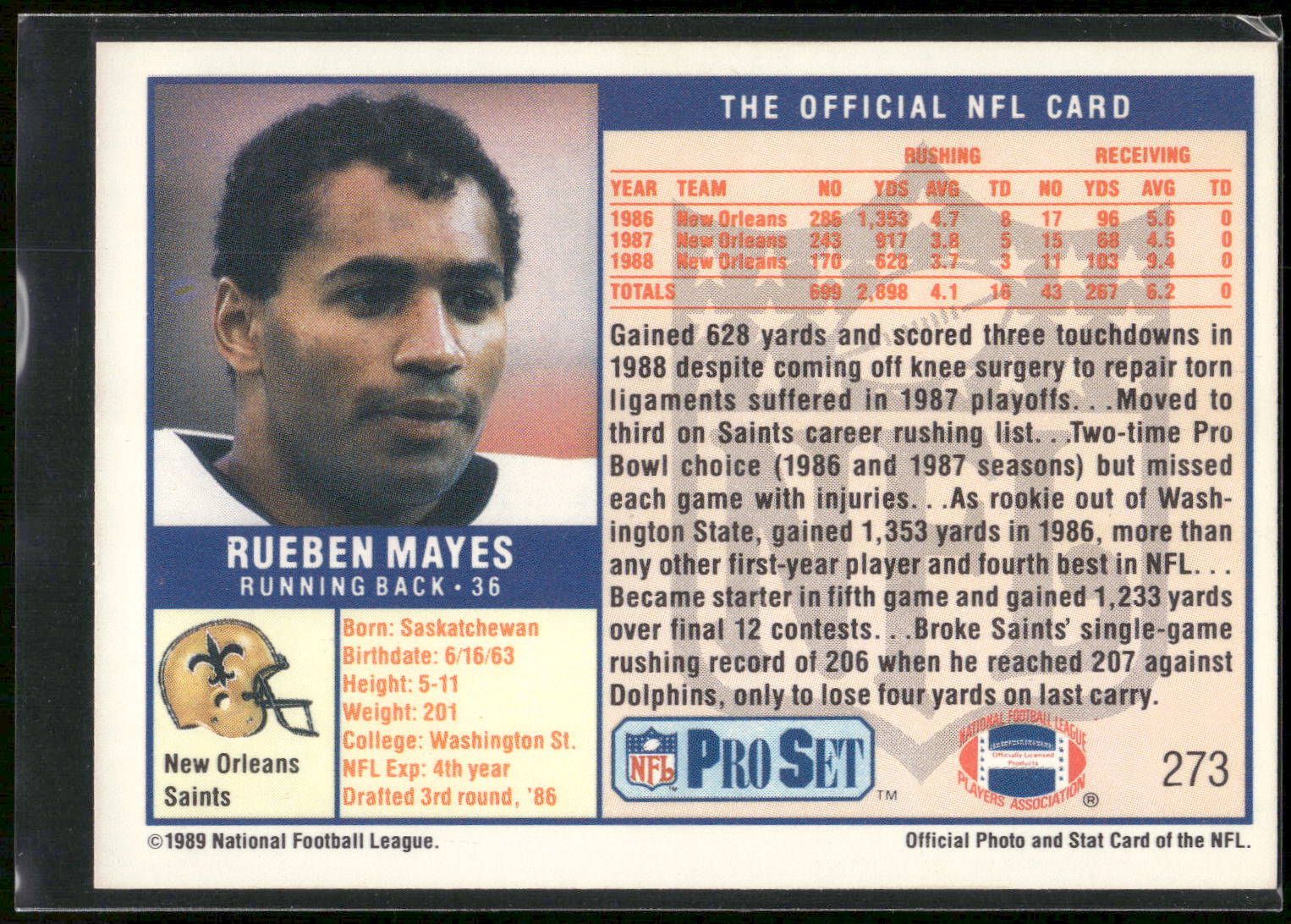 1989 Pro Set #273 Rueben Mayes