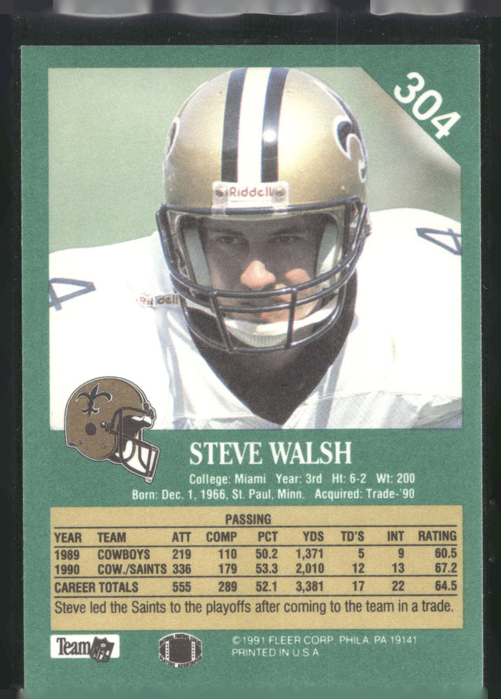 1991 Fleer #304 Steve Walsh