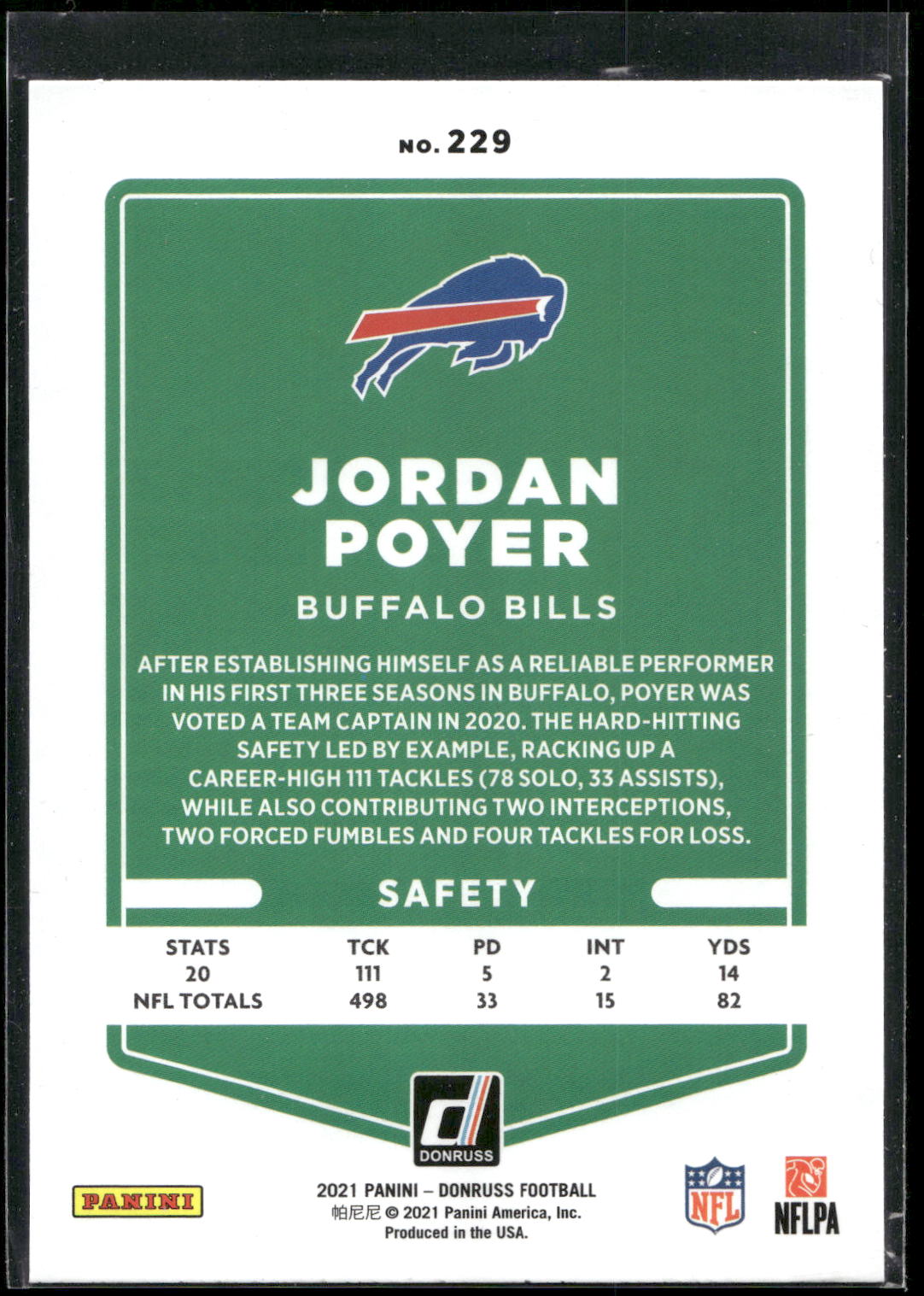 2021 Donruss #229 Jordan Poyer