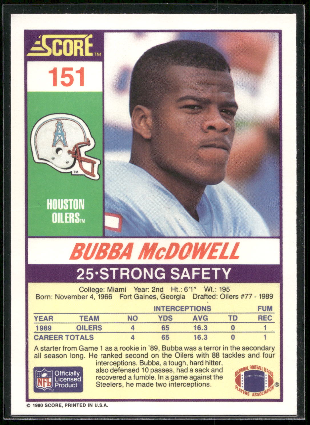 1990 Score #151 Bubba McDowell