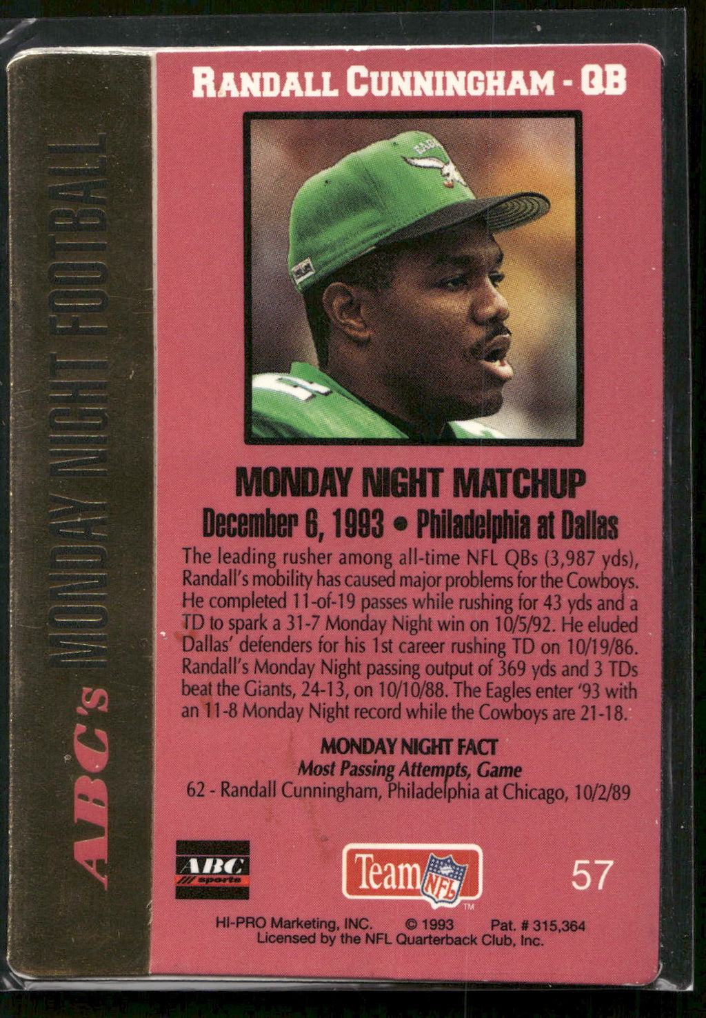 1993 Action Packed Monday Night Football #57 Randall Cunningham
